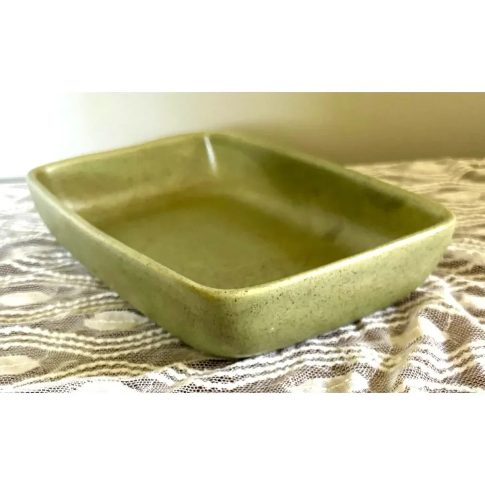 VTG Haeger Pottery 3832 USA Olive Green Speckled Rectangular MCM Stoneware Dish